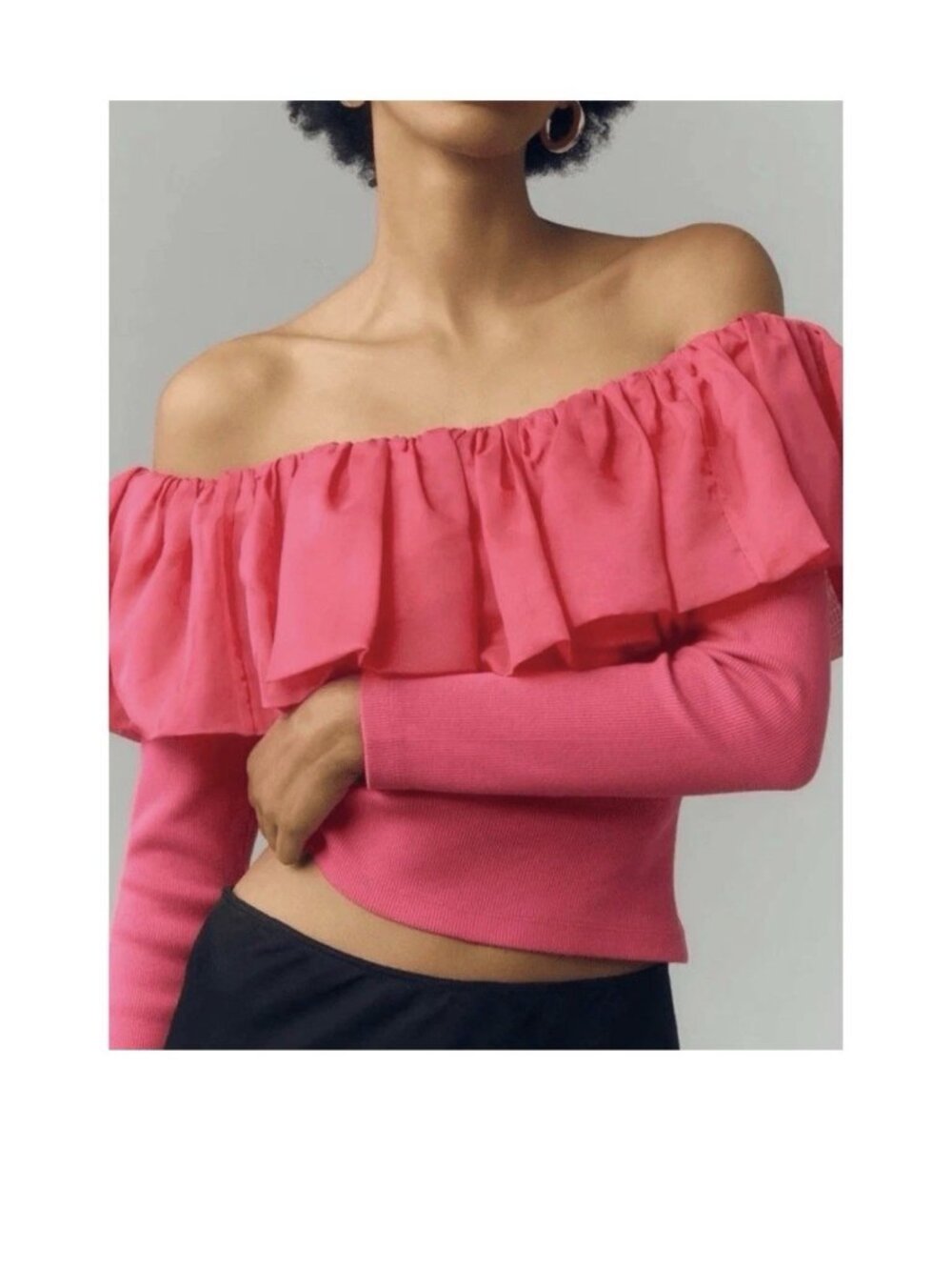 Anthropologie Pink Off The Shoulder Ruffle Blouse Luxery Cocktail Party XS Y1